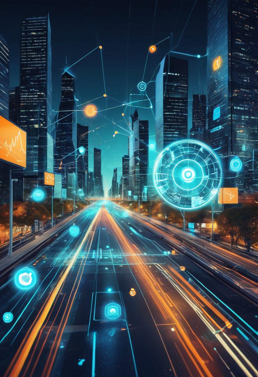 A vibrant, futuristic web interface brimming with engaging icons, charts, and analytics data, with users interacting dynamically. The background features a bustling digital cityscape symbolizing high traffic and connectivity. The color palette is a mix of electric blues, bright greens, and contrasting oranges to highlight key elements. super-realistic. vibrant colors.