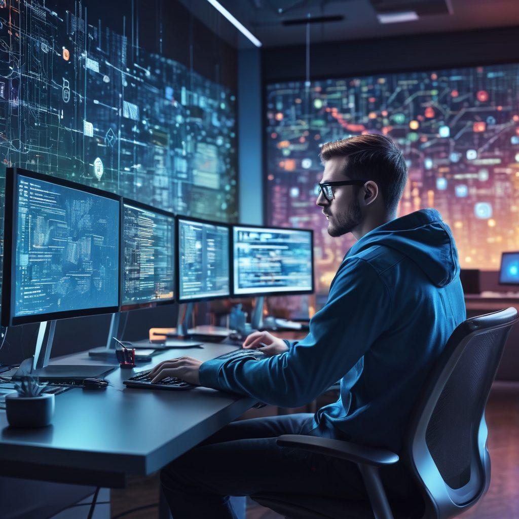 A dynamic scene showing a web developer at a sleek, modern workstation with multiple monitors, displaying an array of code, design elements, and analytics. Surround the developer with floating icons representing different programming languages, frameworks, and tools. In the background, illustrate a digital cityscape with interconnected networks symbolizing the online presence. super-realistic. vibrant colors. 3D.