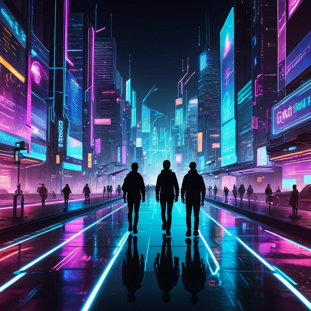 A futuristic cityscape made of sleek websites interconnected by glowing pathways, with digital marketing icons floating above. People on hoverboards navigate these pathways while magnifying glasses spotlight key SEO elements. cyberpunk. vibrant colors. 3D.